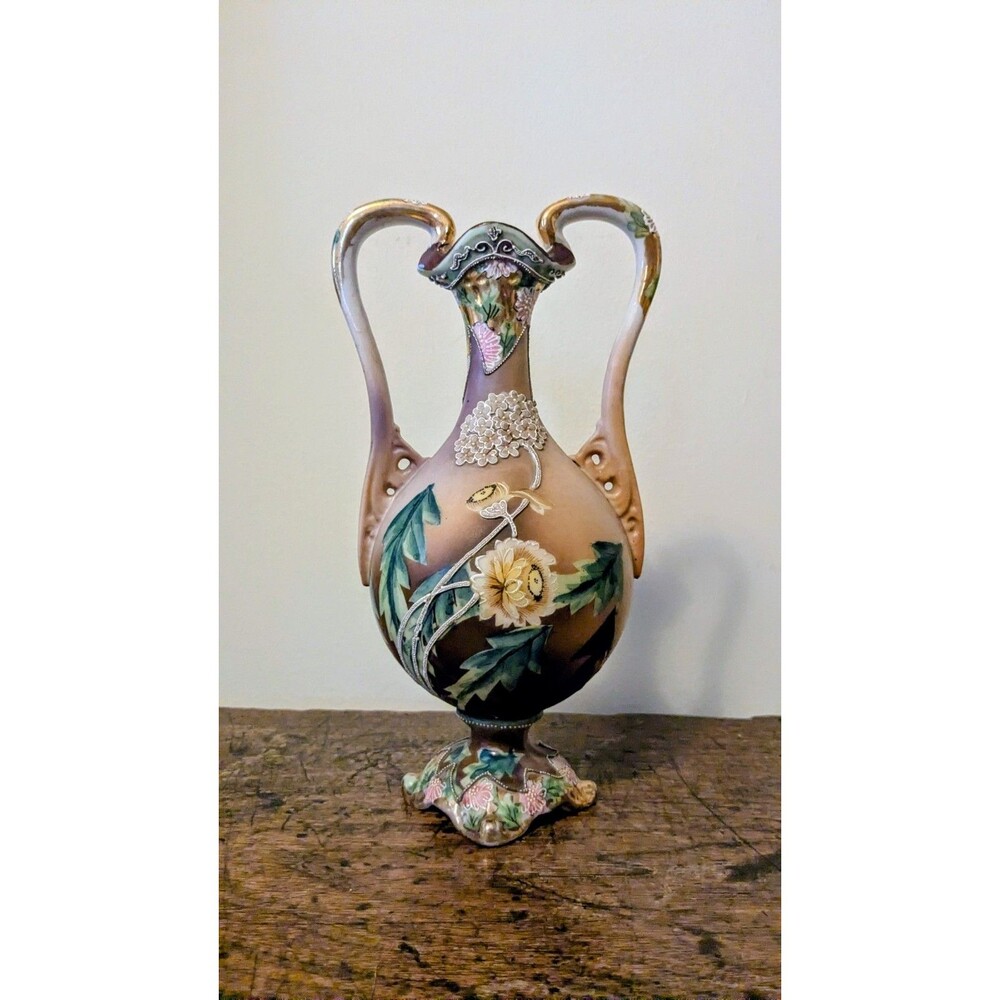 Antique Nippon Era Moriage Vase 9" Two Handled Floral Urn Meiji Taisho Hand...